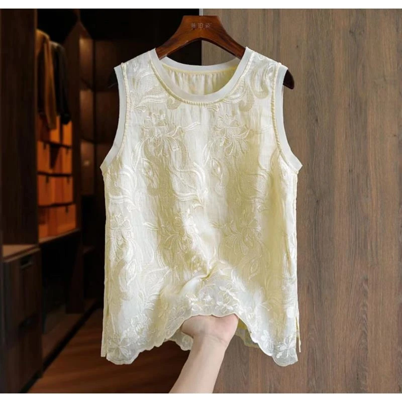 万花生--中式国风气质时尚百搭夏季薄款宽松通勤复古显瘦圆领背心