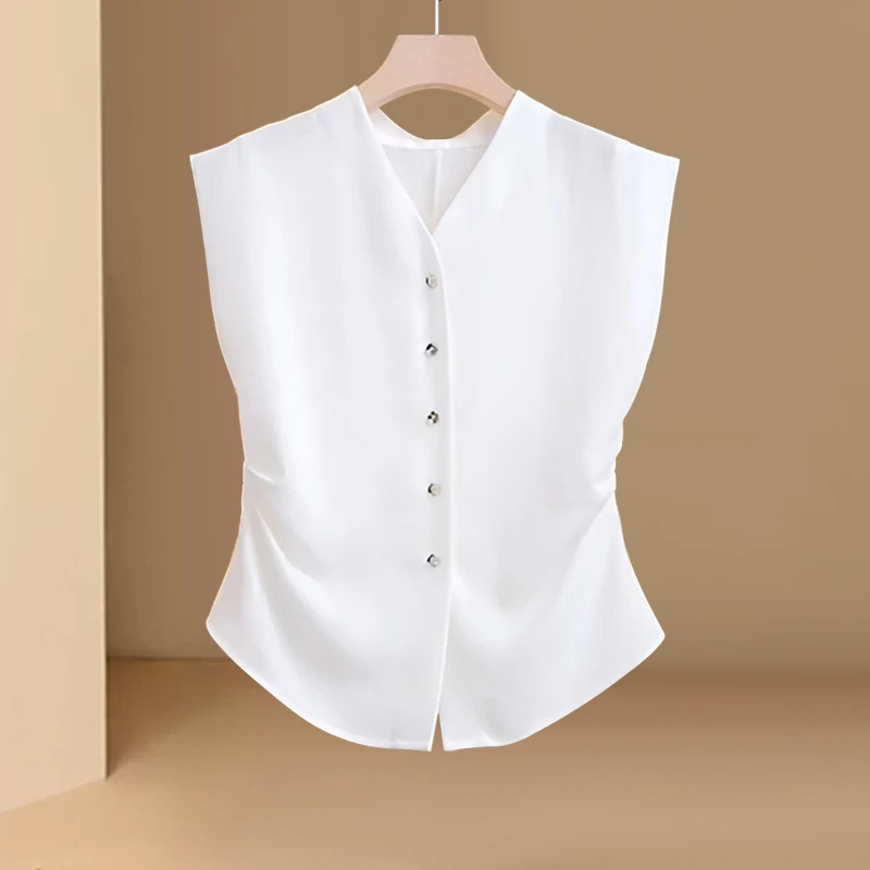 无袖v领白色衬衫女夏季褶皱收腰坎肩背心2025新款法式高级感上衣