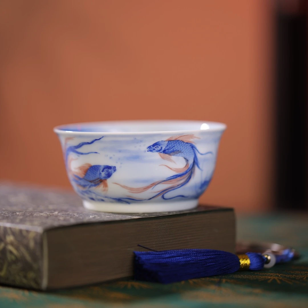 熊友根窑《荷塘月色》普洱杯鱼月亮主人杯手绘陶瓷纯手工高档创意