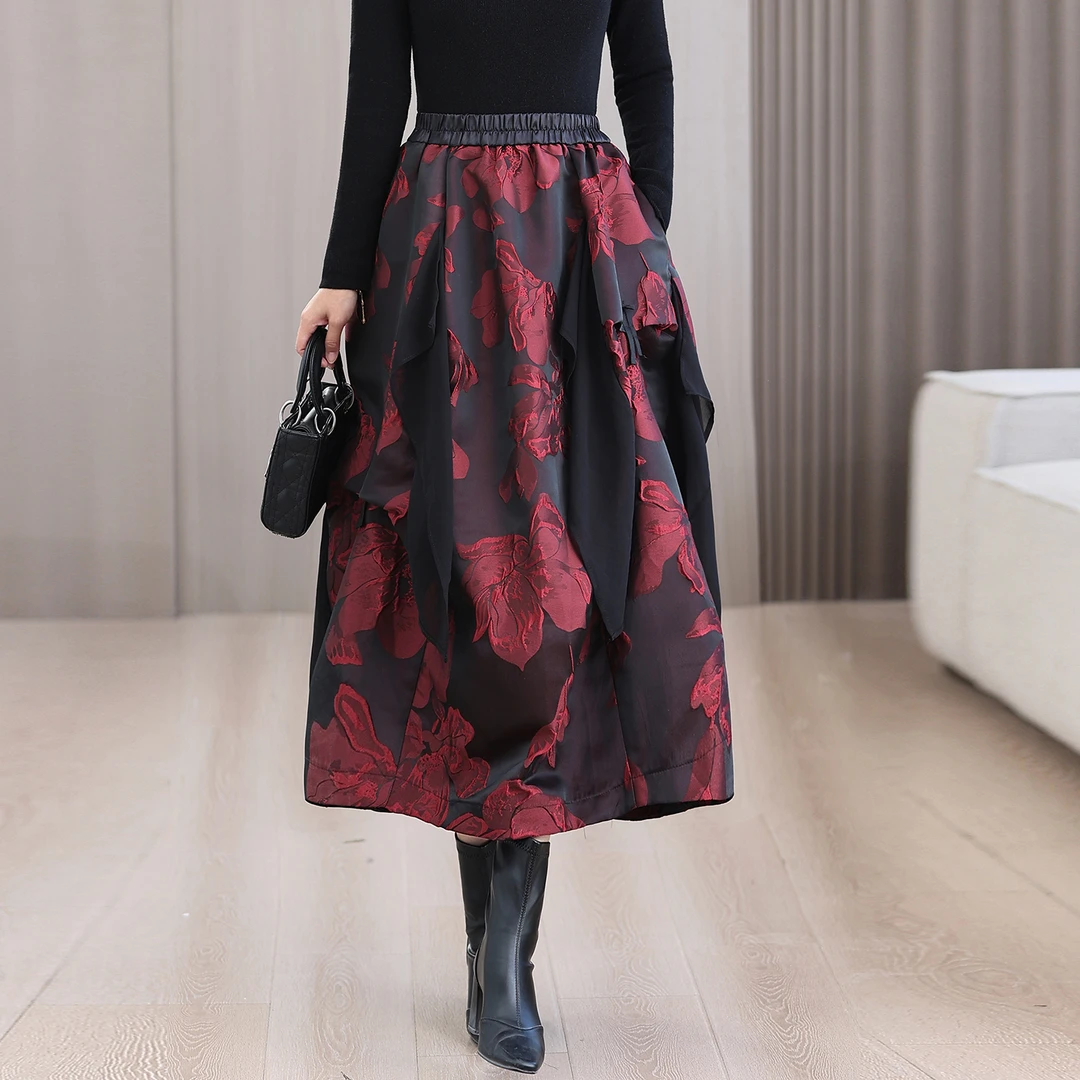 新中式国风高档提花灯笼裙女2025秋冬新款高腰花苞裙中长款半身裙