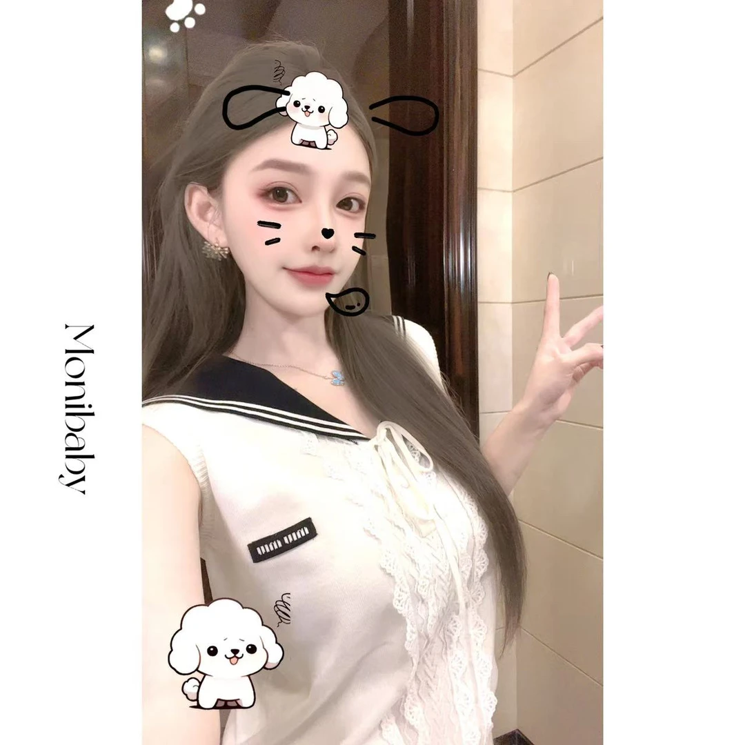 Moni【甜系少女】小香风甜美减龄海军领撞色无袖针织衫背心上衣