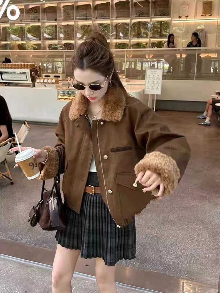 D2X8833-小个子设计感复古毛毛短外套加厚毛领显瘦短款外套