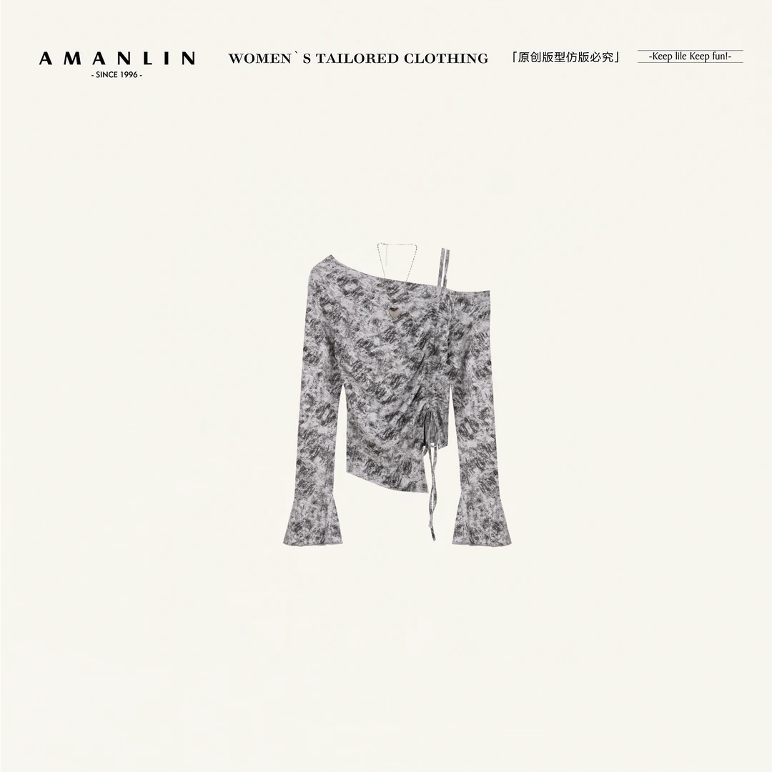 AMANLIN/阿谩琳琥珀流光露肩设计斜领长袖时尚修身两件套D601506