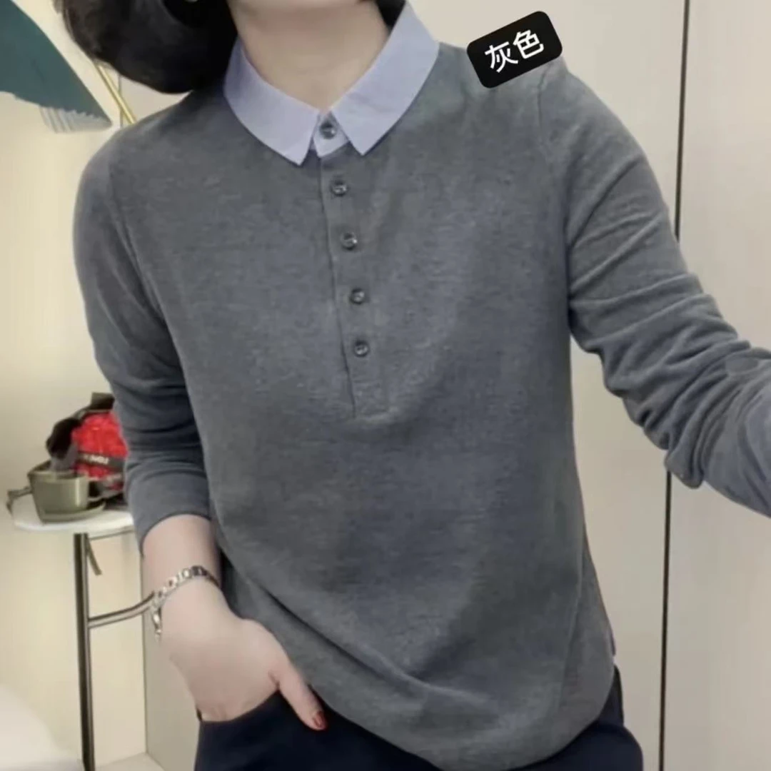 秋冬新款女士简约百搭POLO领撞色休闲小衫宽松套头长袖打底上衣