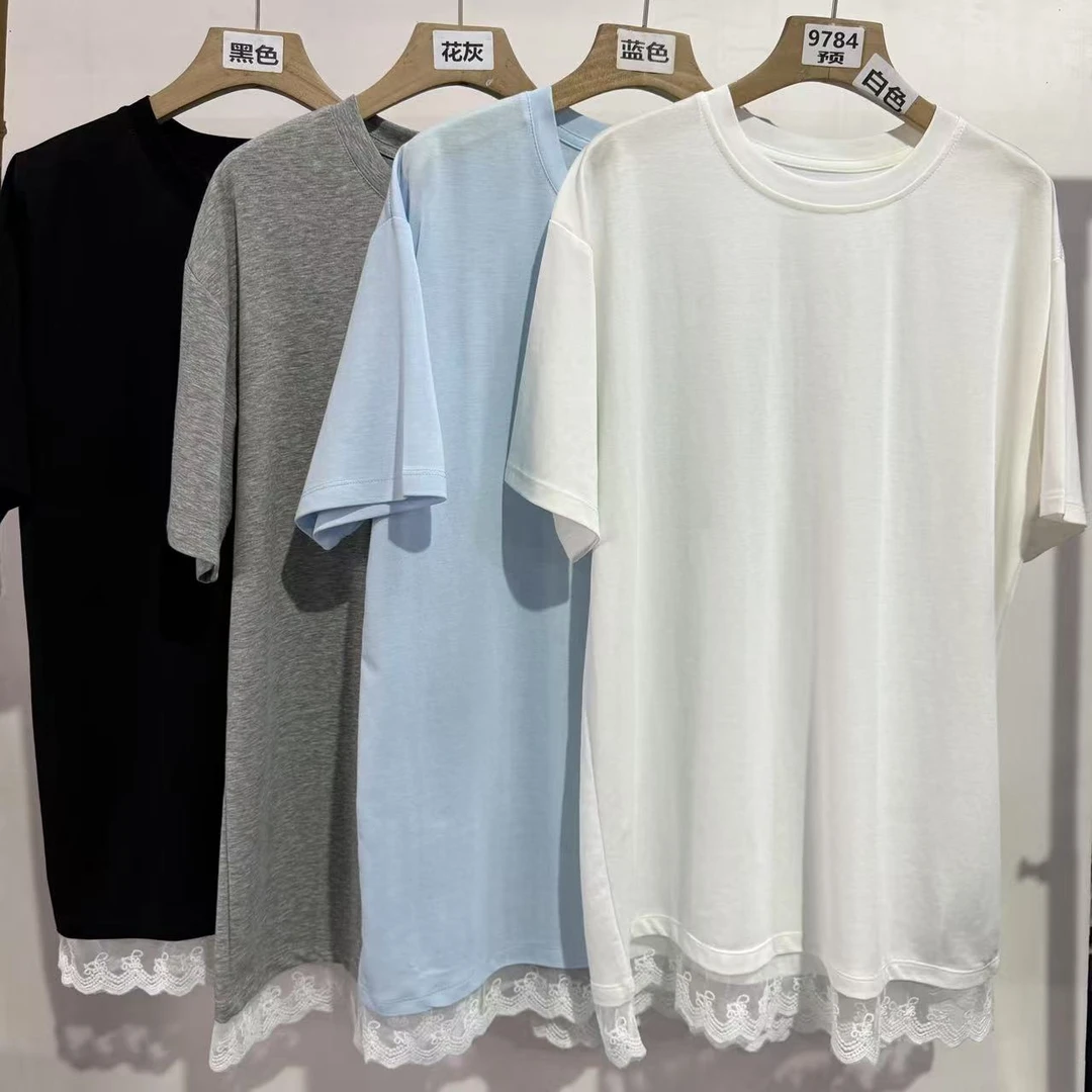 9784号5588-1#春蕾丝拼接圆领百搭休闲韩系宽松短袖T（预）