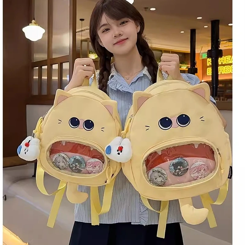 可爱猫咪双肩包女大容量卡通包小学生书包日系透明吧唧出游痛包