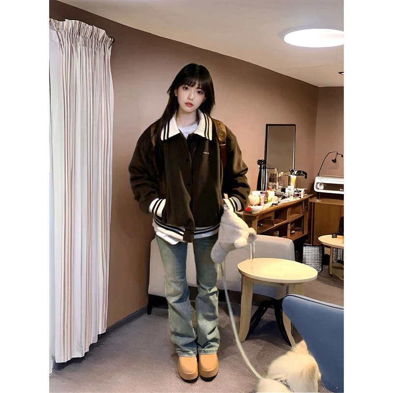 卡盛棕色棒球服外套女款2026春秋新款美式复古撞色翻领情侣夹克