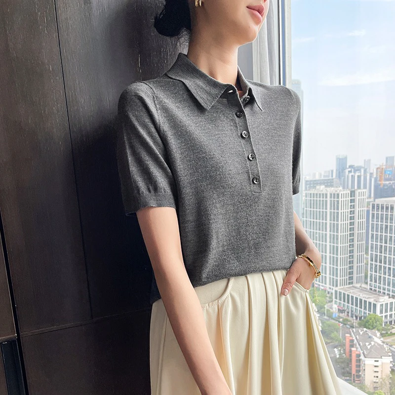 POLO领纯色常规款正肩袖修身宽松型夏季100%超细羊毛