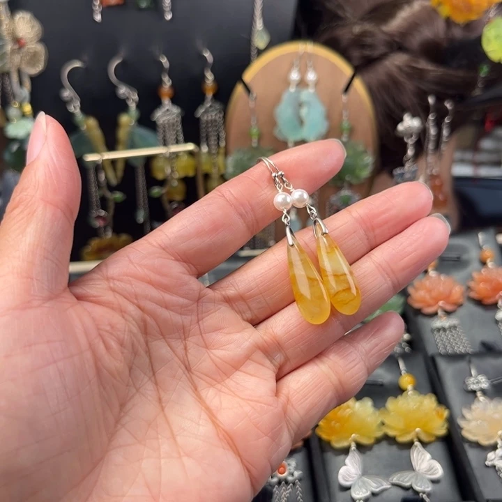 蛇纹石玉银S925镶嵌耳饰