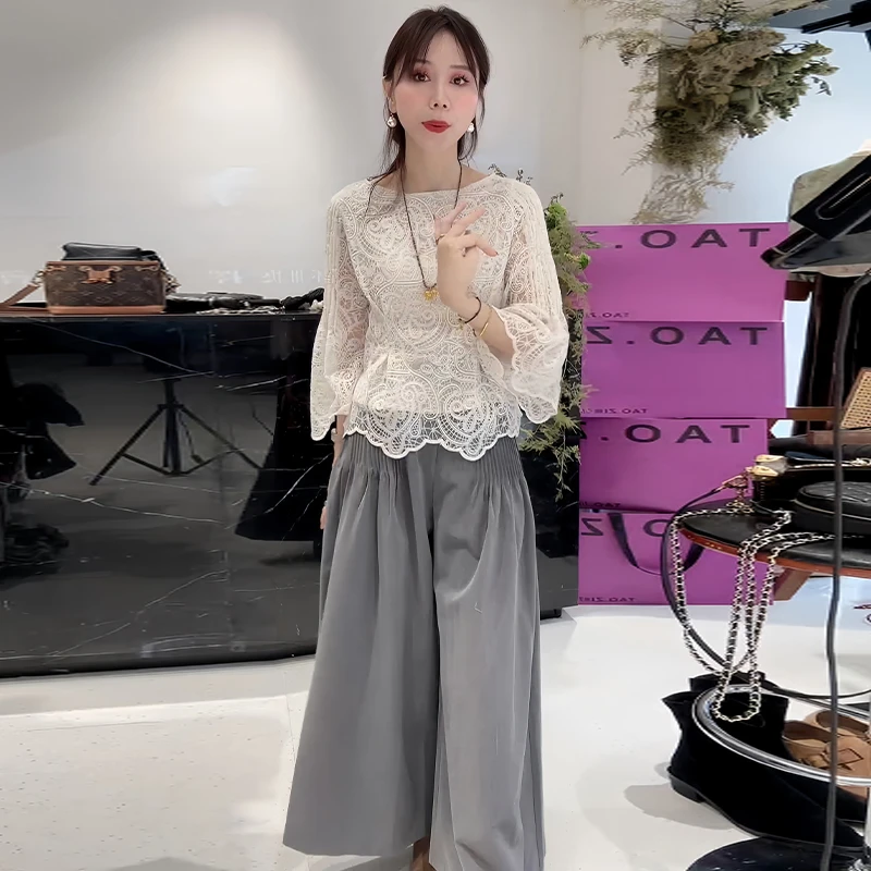 休闲气质减龄套装女2025年秋冬新款百搭蕾丝上衣高腰阔腿裤两件套