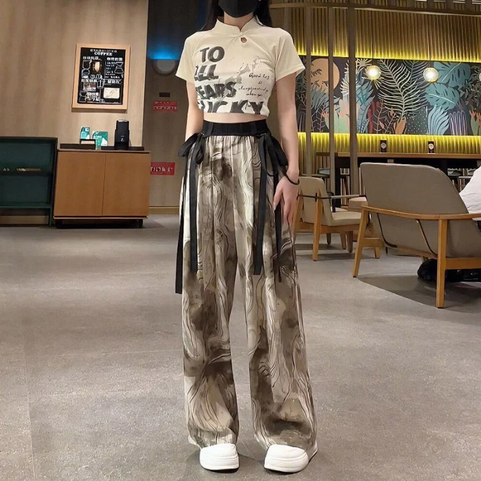 水墨画阔腿裤女夏季薄款2025年新款韩版高腰垂感国风扎染冰丝裤子