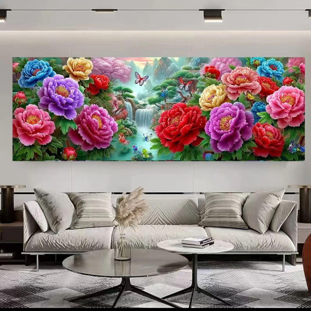 定制十字绣 原创版权山水牡丹情大格180*65 没绣的f2086