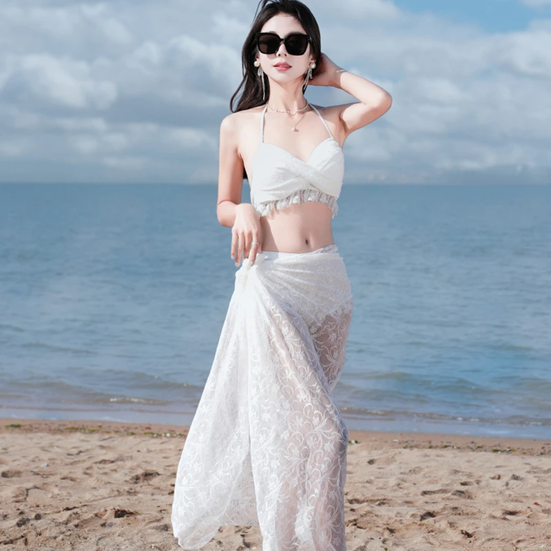 2025新款比基尼分体性感三件套游泳衣女蕾丝比基尼海滩泳衣三件套