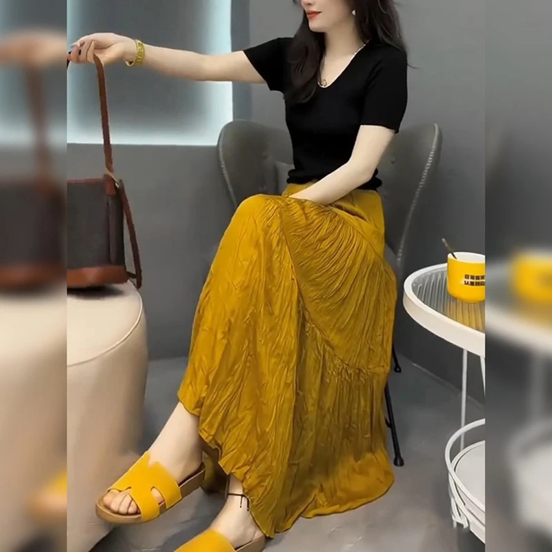 时尚套装夏季新款修身显瘦短袖上衣褶皱拼接高腰A字半身裙两件套