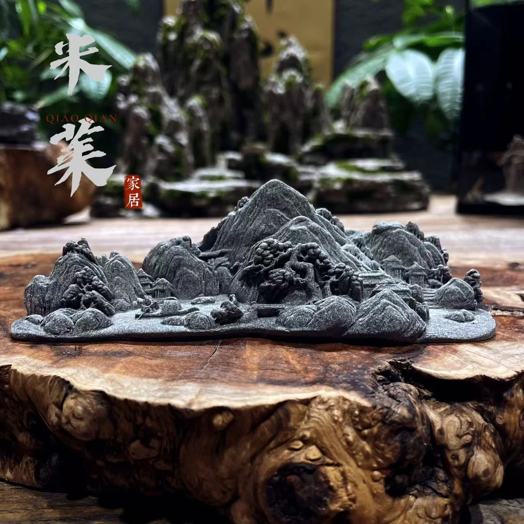 新中式青砂石精品千里江山茶桌鱼缸盆景造景摆件
