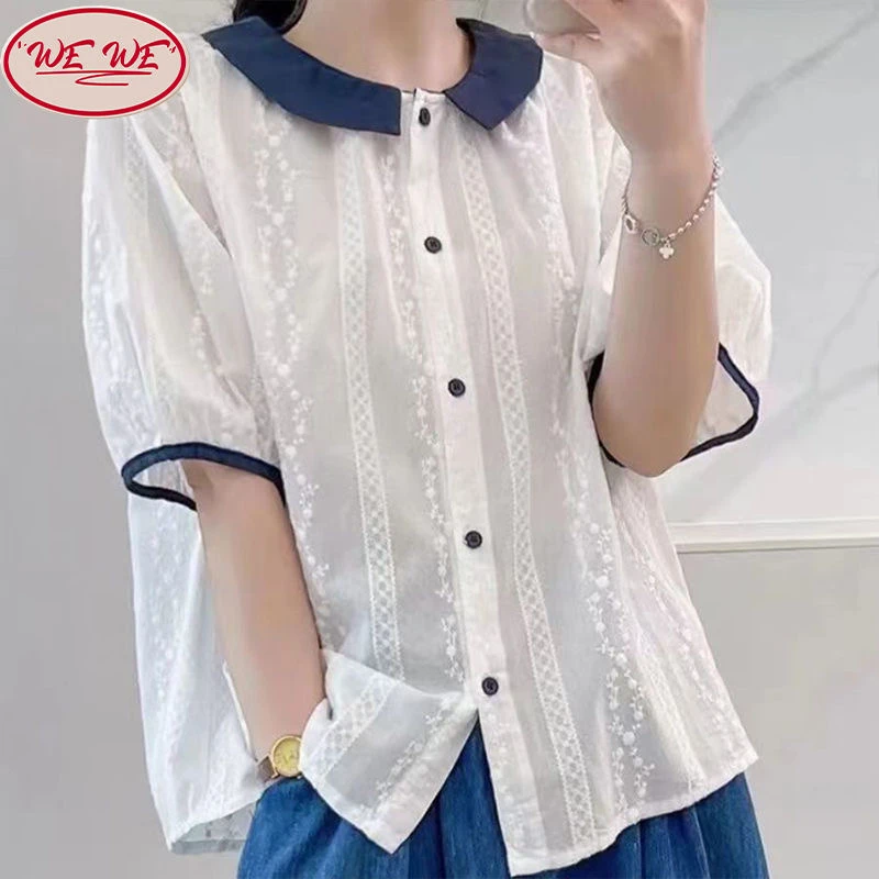 韩系刺绣重工衬衫女款秋季新款短袖娃娃领时尚百搭上衣遮肚子开衫