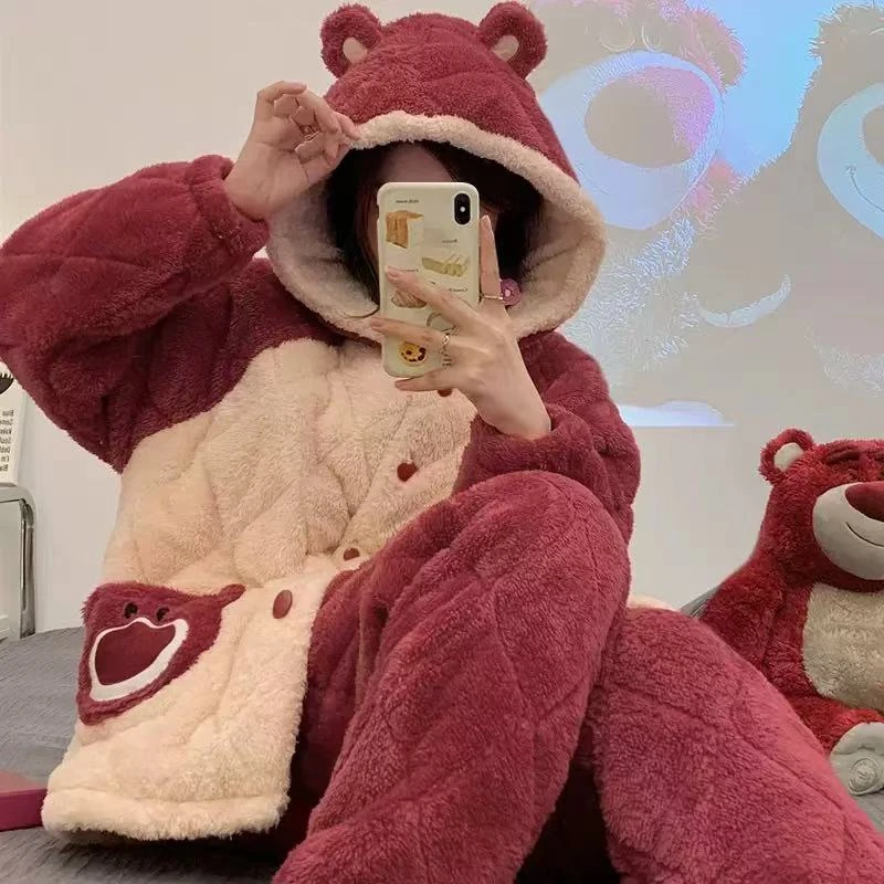 【草莓熊】2025可爱北极绒三层夹棉睡衣套装宽松加厚冬家居服套装