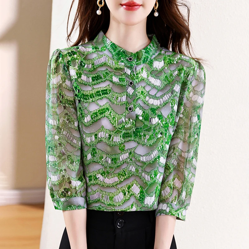 时尚高端印花雪纺衬衫女七分袖上衣2025夏季新款宽松遮肉显瘦小衫