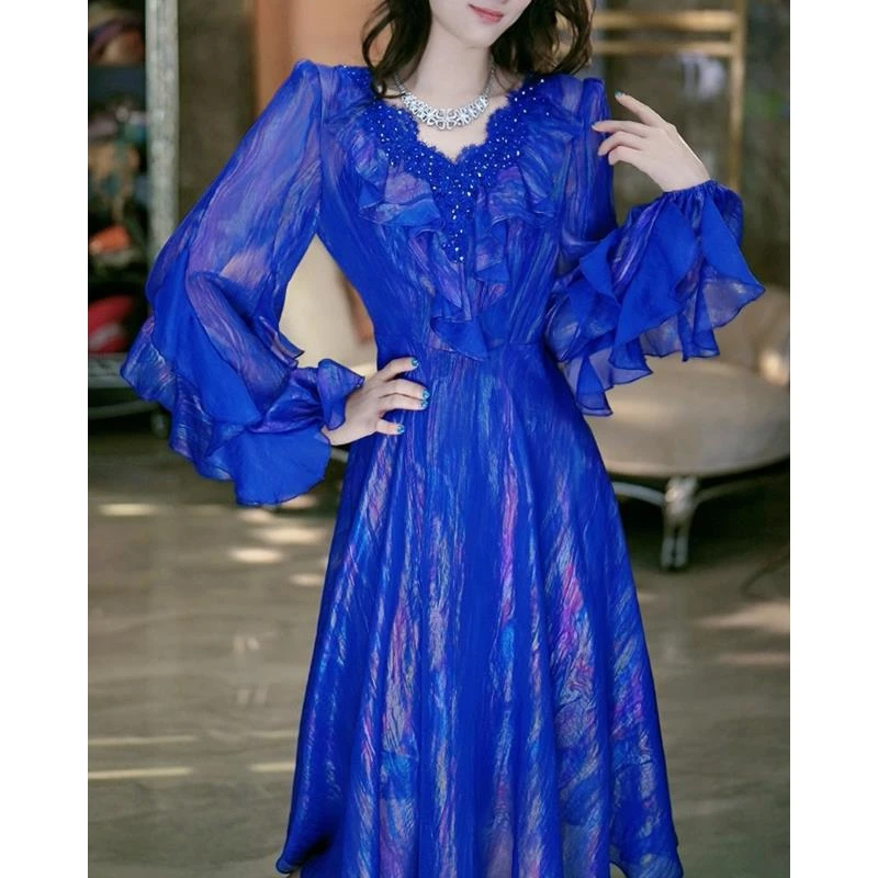 4-30【摩纳哥之夜】重工时尚蕾丝幻彩气质显瘦连衣裙