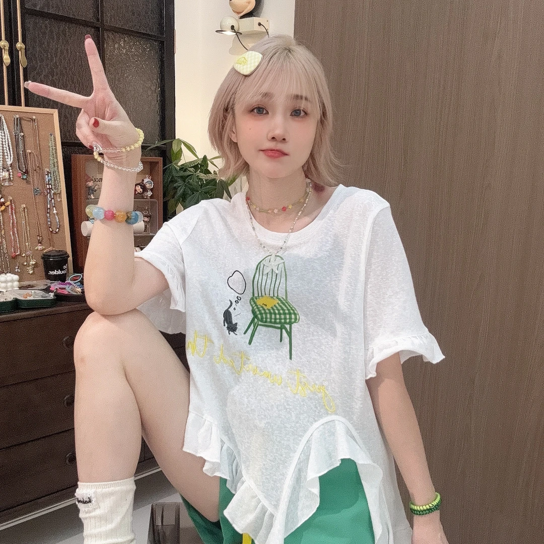 Apr.【椅子T】百搭时尚不规则设计感夏季宽松圆领数码印T恤女25F143