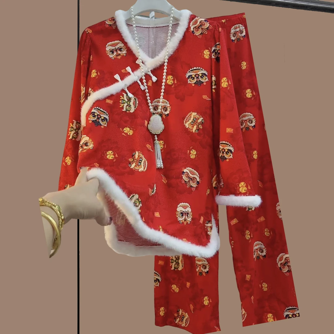 秋冬季大码女装胖妹妹红色国风复古盘扣拼接毛边长裤显瘦两件套