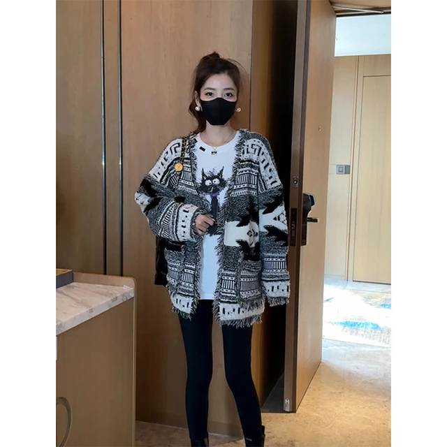 慵懒风流苏毛边宽松毛衣开 衫外套女2025秋冬新款休闲 显瘦女装上