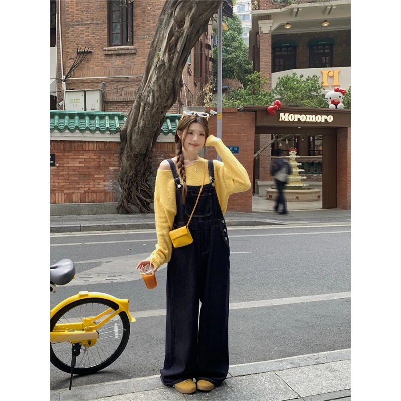乌77韩系复古减龄牛仔背带裤女2025春季宽松直筒百搭休闲阔腿裤子