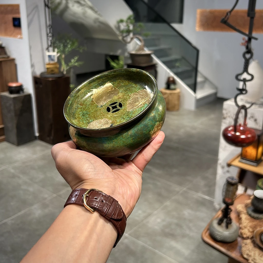 遇见.紫铜绿色金箔建水壶承茶道配件直径12cm高度7cm