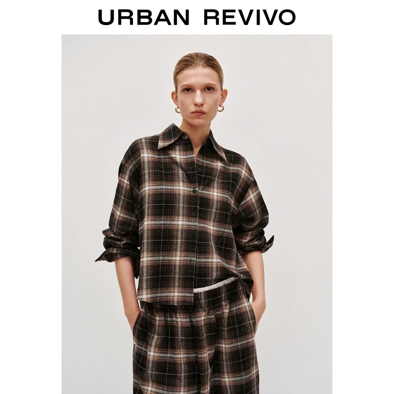 UR2025冬季新款女装潮流撞色格纹翻领棉质开襟衬衫UWJ250076