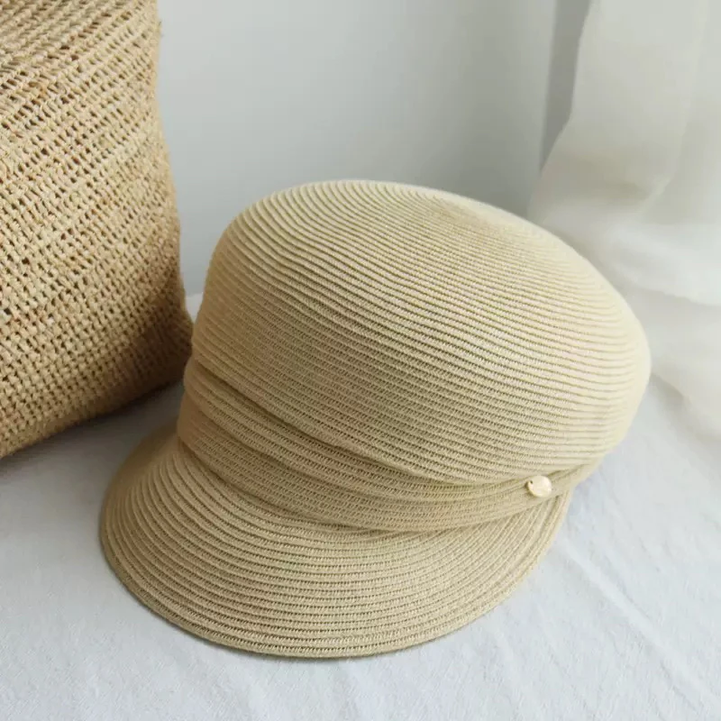 韩版怀旧草编褶皱海军帽休闲遮阳贝雷帽春夏女出游户外防晒报童帽