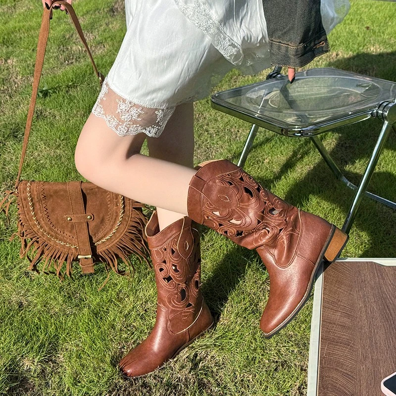 2025年新款圆头镂空西部牛仔靴子女夏季骑士靴新疆大西北穿搭