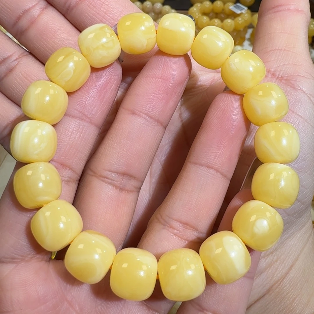琥珀未镶嵌珠宝奇石12m焦皮同料老型花蜡手串19.3