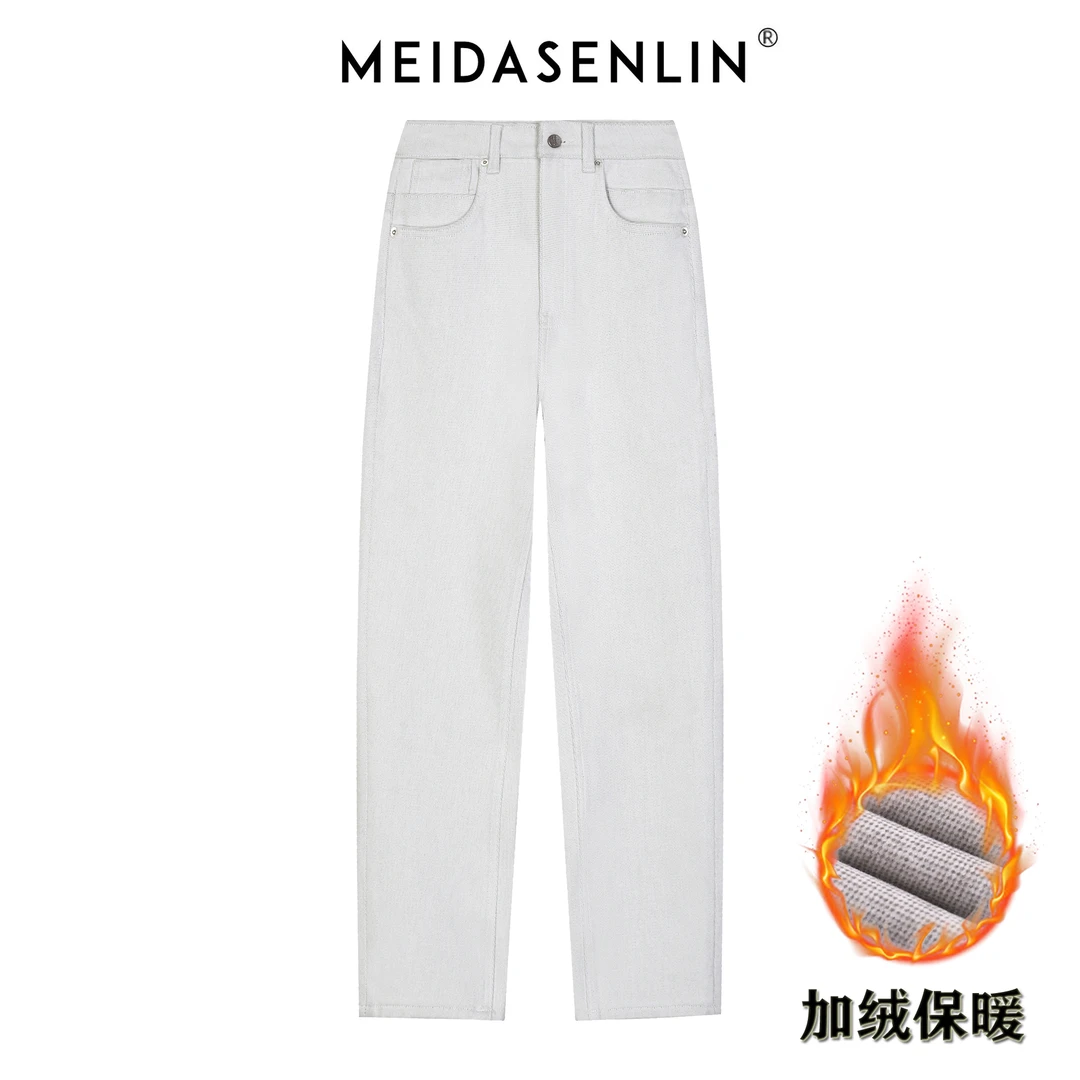 2025【美搭森林】网纹四面弹-加绒-乳白色九分烟管裤牛仔裤女16290