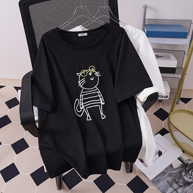 S5619夏季新款胖妹妹时尚短袖T恤220斤大码女装宽松显瘦圆领上衣