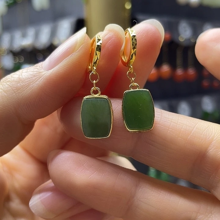 和田玉银S925镀金镶嵌耳饰