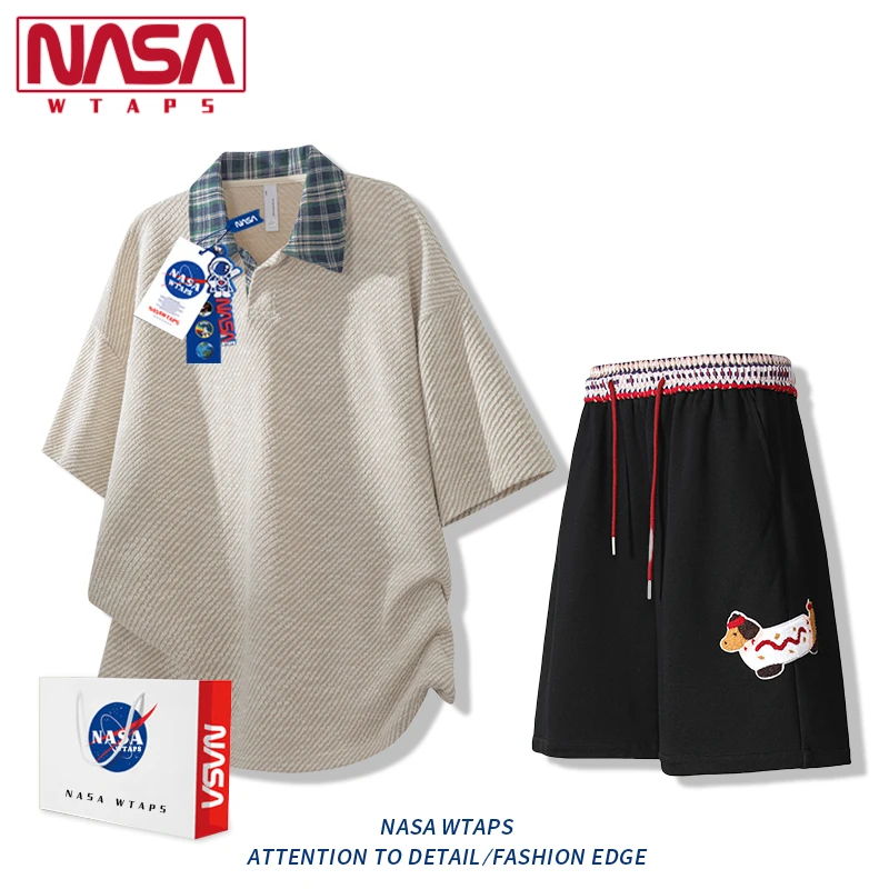 NASA WTAPS老钱风短袖T恤套装男夏季小狗刺绣短裤宽松休闲两件套