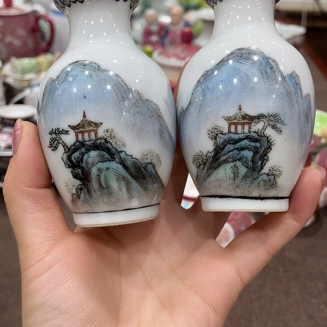 瓷片景德镇粉彩手绘山水花瓶