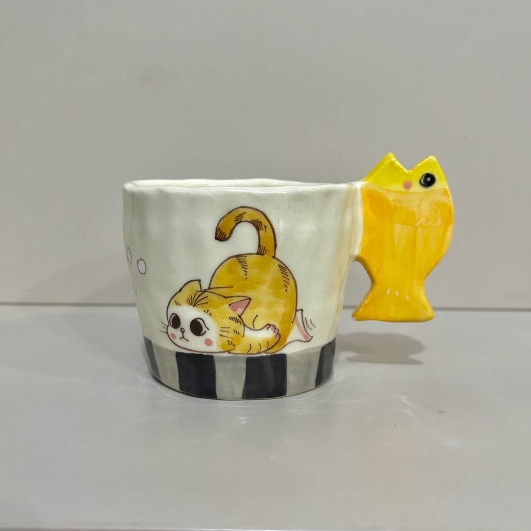 155立体小猫小鱼把手陶瓷水杯