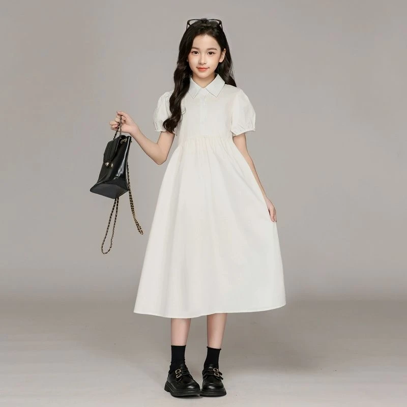 女夏季短袖连衣裙女大童裙子夏季白色学生小个子小众新款洋气时髦