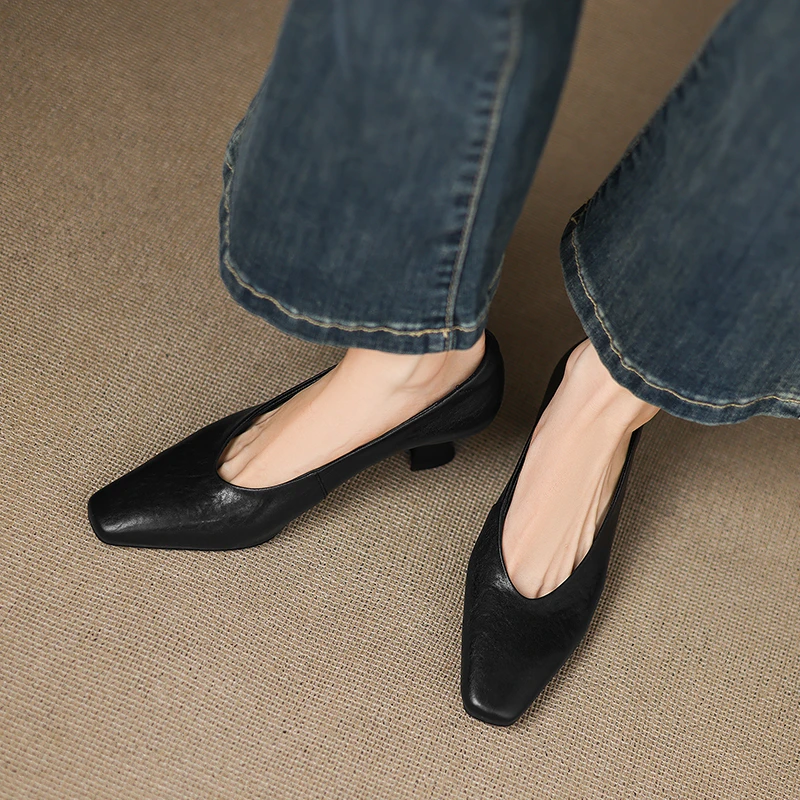 5.5cm~高跟鞋女2025新款方头法式百搭通勤不累脚浅口单鞋女奶奶鞋