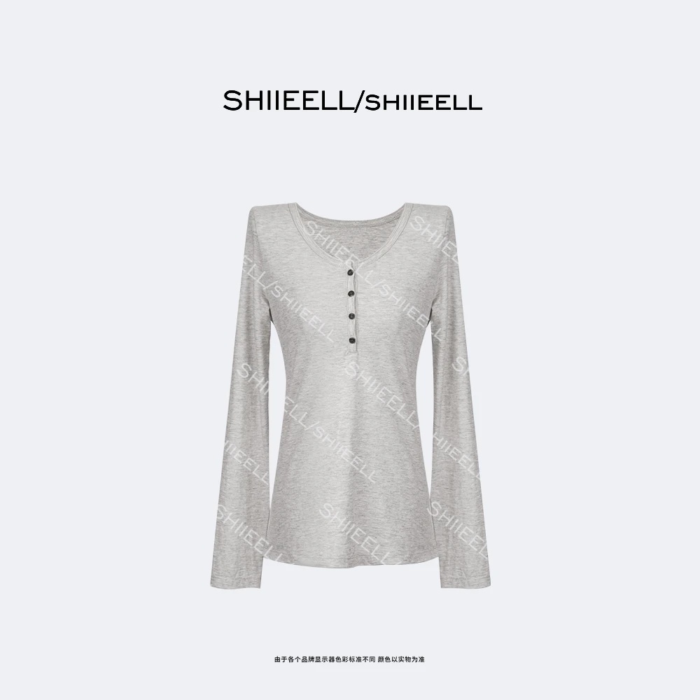 SHIIEELL早秋汉麻混纺亨利领薄透打底休闲百搭修身长袖T恤ZS088