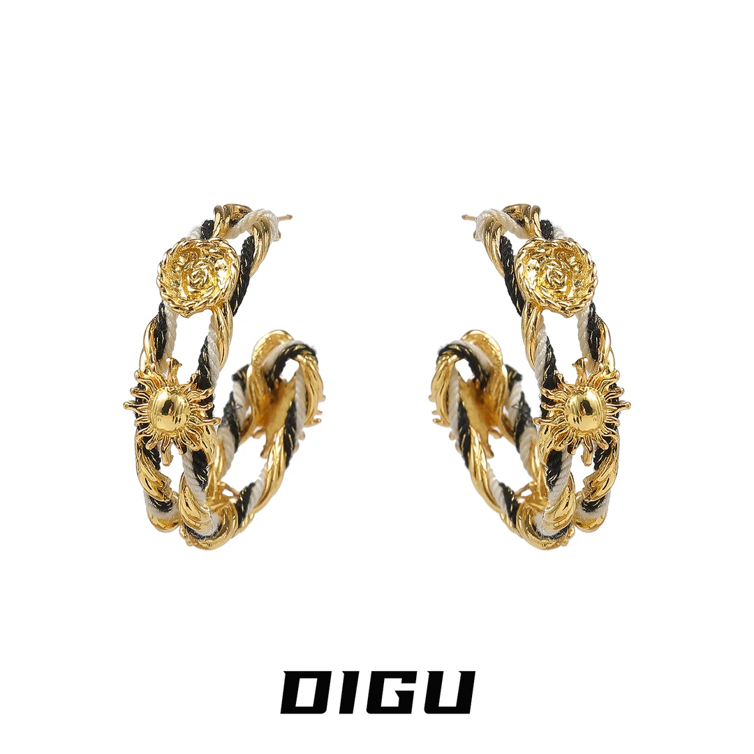 嘀咕家 铜合金耳饰 复古太阳花编织耳圈秋冬气质夸张金色耳环耳饰