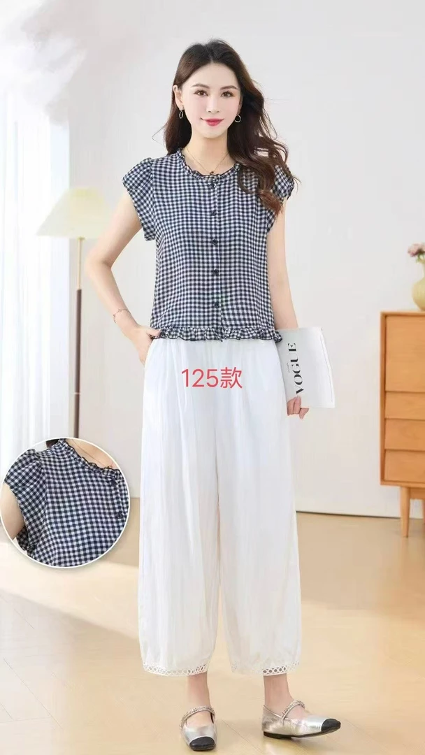 时尚洋气夏季圆领格子甜美减龄知性风阔腿九分裤套装