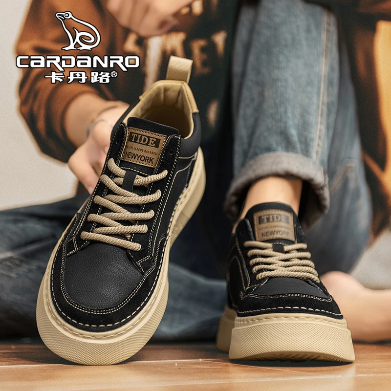 意大利卡丹路男鞋冬季英伦增高男士皮鞋百搭真皮黑色运动休闲板鞋