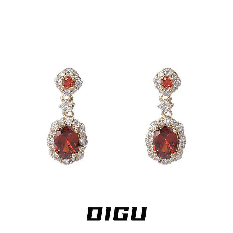 嘀咕家 铜合金合成锆石耳饰 复古仿红宝石耳环法式耳坠精致耳饰