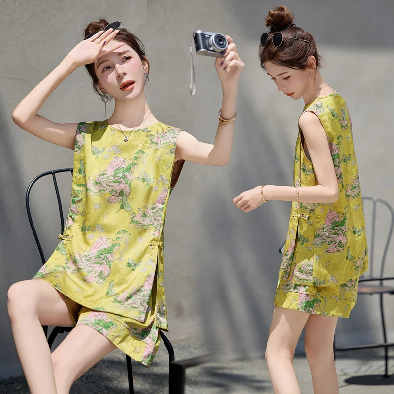 新中式极简风时尚套装吊带宽松无袖碎花女士印花夏季大码显瘦休闲
