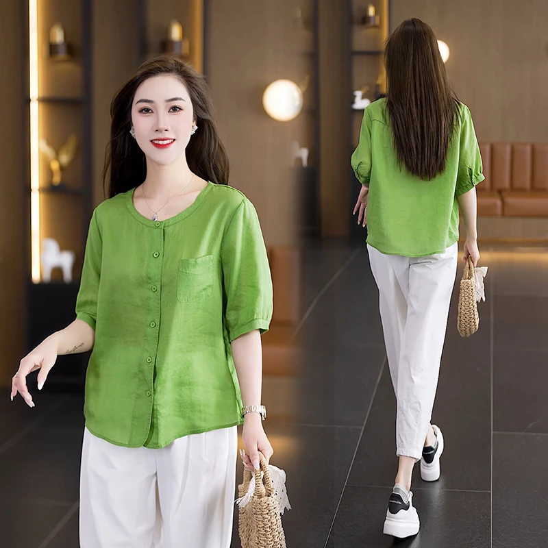 2025新款夏季薄款复古文艺时尚衬衫女宽松显瘦圆领七分袖衬衣上衣