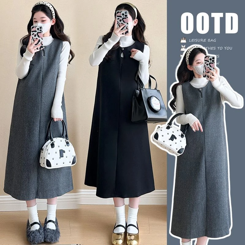 孕妇装上衣洋气小香风气质孕妇春秋连衣裙宽松中长款显瘦连衣裙