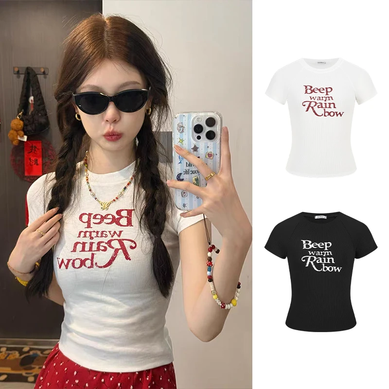 Moses Queen/魔西女王白色正肩时髦短袖t恤修身字母印花短款上衣