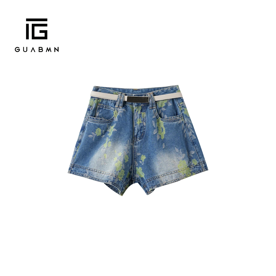 GUABMN2025夏季新款撞色枫叶印花做旧牛仔短裤夏日穿搭5167
